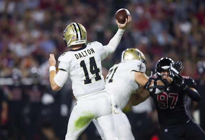 New Orleans Saints quarterback Andy Dalton (14) against the Arizona Cardinals. Mandatory Credit: Mark J. Rebilas-USA TODAY Sports